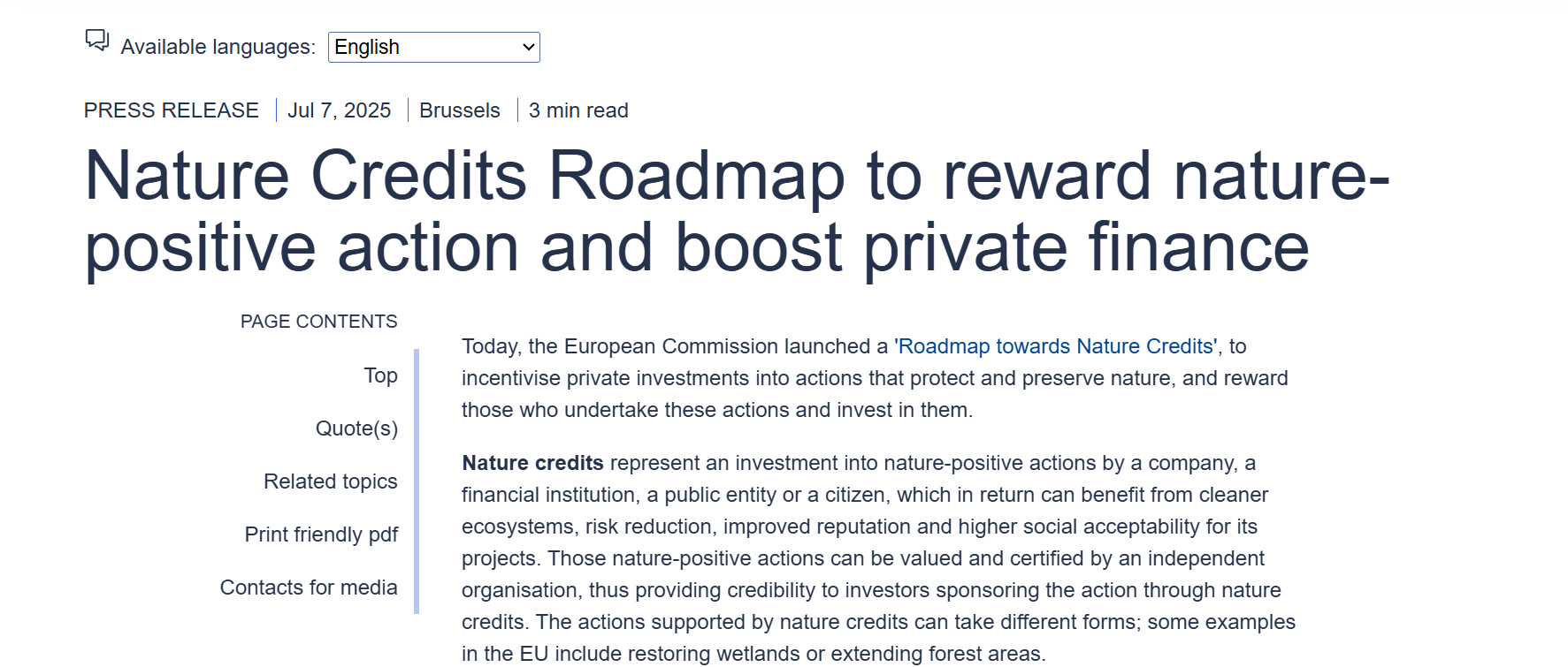 Nature Credits Roadmap to reward nature-positive action and boost private finance